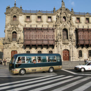 Archbishop's Palace of Lima at Plaza Mayor. Beautiful colonial balconies.