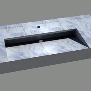 Rendered marble vanity top model with spout shown on top. Drain or flange nearly concealed in shadow in the sink basin.