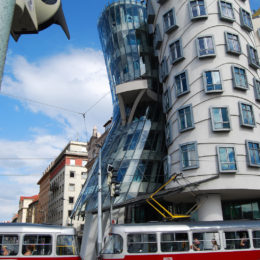 Dancing House tower with restaurant, designed by Frank Gehry