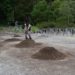 This is where they cook cozido das Furnas. Pots are placed inside the underground ovens and covered with a lid. Dirt is shoveled over each pit to facilitate the cooking.