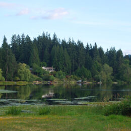 Calm water at Phantom Lake in Bellevue, Washington, reflecting evergreen trees and lakeside homes.
