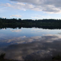 Phantom Lake surface reflecting clouds and sky, bordered by dense Pacific Northwest trees.
