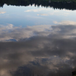 Still water at Phantom Lake showing a sharp mirror reflection of the forested shoreline.
