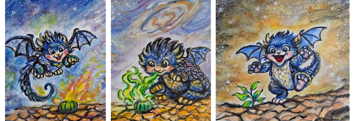 A three‑panel illustration of a small blue dragon discovering a magical seed. First, the dragon flies above the glowing, flaming seed against a swirling cosmic sky. Next, it sits on cracked earth and blows fire toward the seed, watching green flame and smoke rise. In the final panel, the dragon dances happily as the seed transforms into a small plant. | acrylic painting by Jenny S.W. Lee