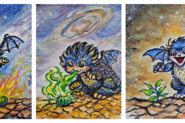 A three‑panel illustration of a small blue dragon discovering a magical seed. First, the dragon flies above the glowing, flaming seed against a swirling cosmic sky. Next, it sits on cracked earth and blows fire toward the seed, watching green flame and smoke rise. In the final panel, the dragon dances happily as the seed transforms into a small plant. | acrylic painting by Jenny S.W. Lee